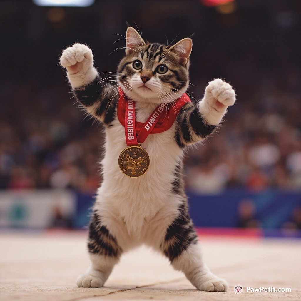 A cat, consistently posing in a victory stance is mistakenly hailed as a famed Olympic gymnastics gold medalist.