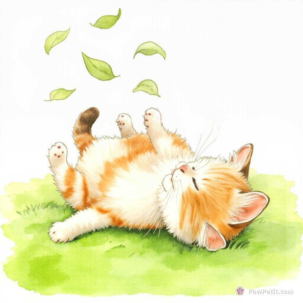 Cat leaps, swats at fluttering leaves, then dramatically sprawls on grass, basking like a sunbathing human.
