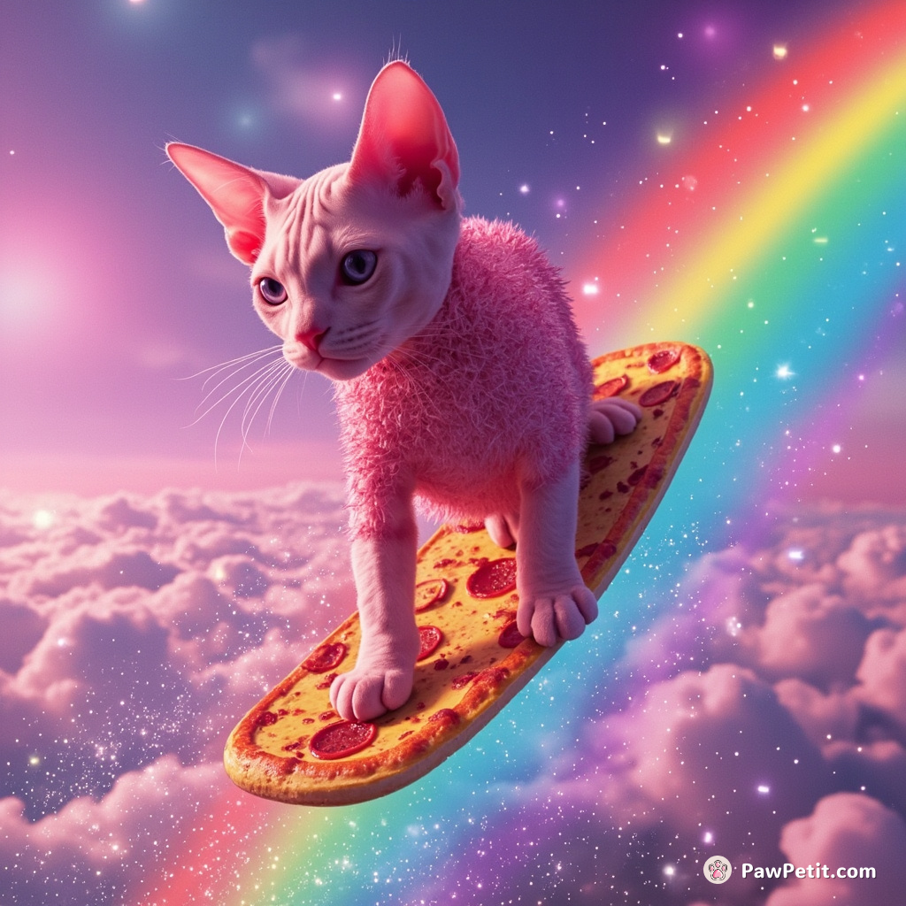 A neon-pink sphynx cat surfing on a rainbow made of pizza slices atop a candy-coated ocean under sparkly marshmallow clouds.