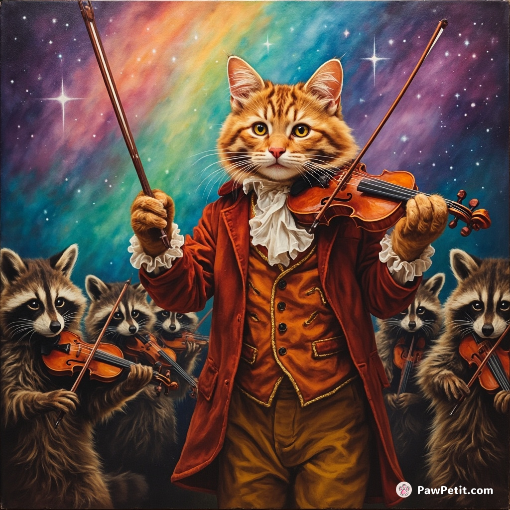 A vibrant rust-coloured cat wearing Mozart's attire, conducting an orchestra of raccoons playing screwdrivers-turned-violins under a vivid rainbow aurora borealis sky.