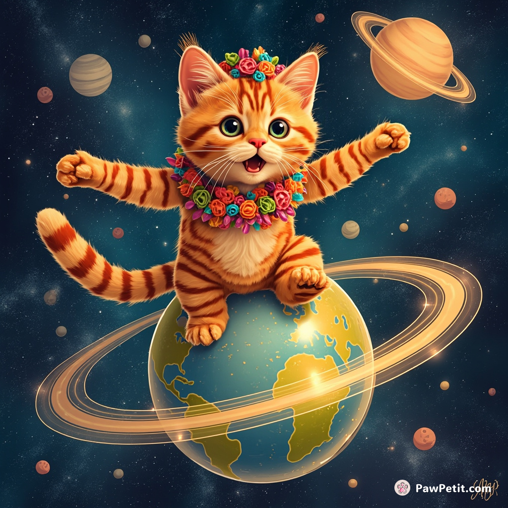 Jovial orange tabby cat samba dancing on a shining disco globe in cosmos, with rings of Saturn as its hula hoop.