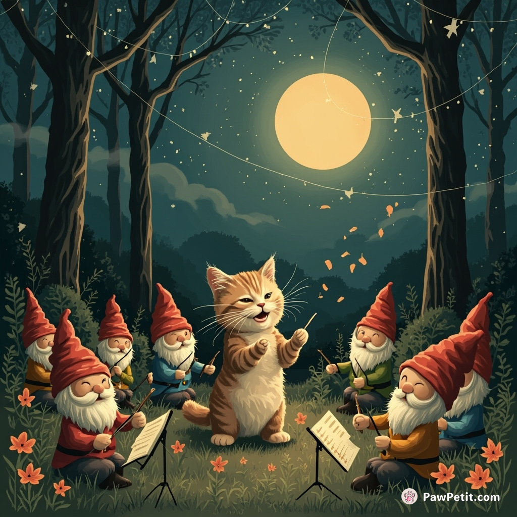 A cat madly conducting an orchestra of garden gnomes in a moonlit forest.