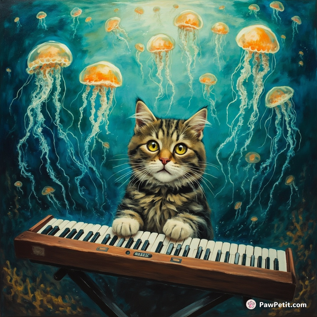 Cat playing a keyboard underwater with jellyfish backup singers.