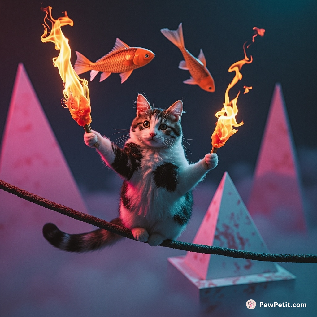 A calico cat juggling flaming fish on a tightrope strung between two abstract Salvador Dali style floating pyramids.