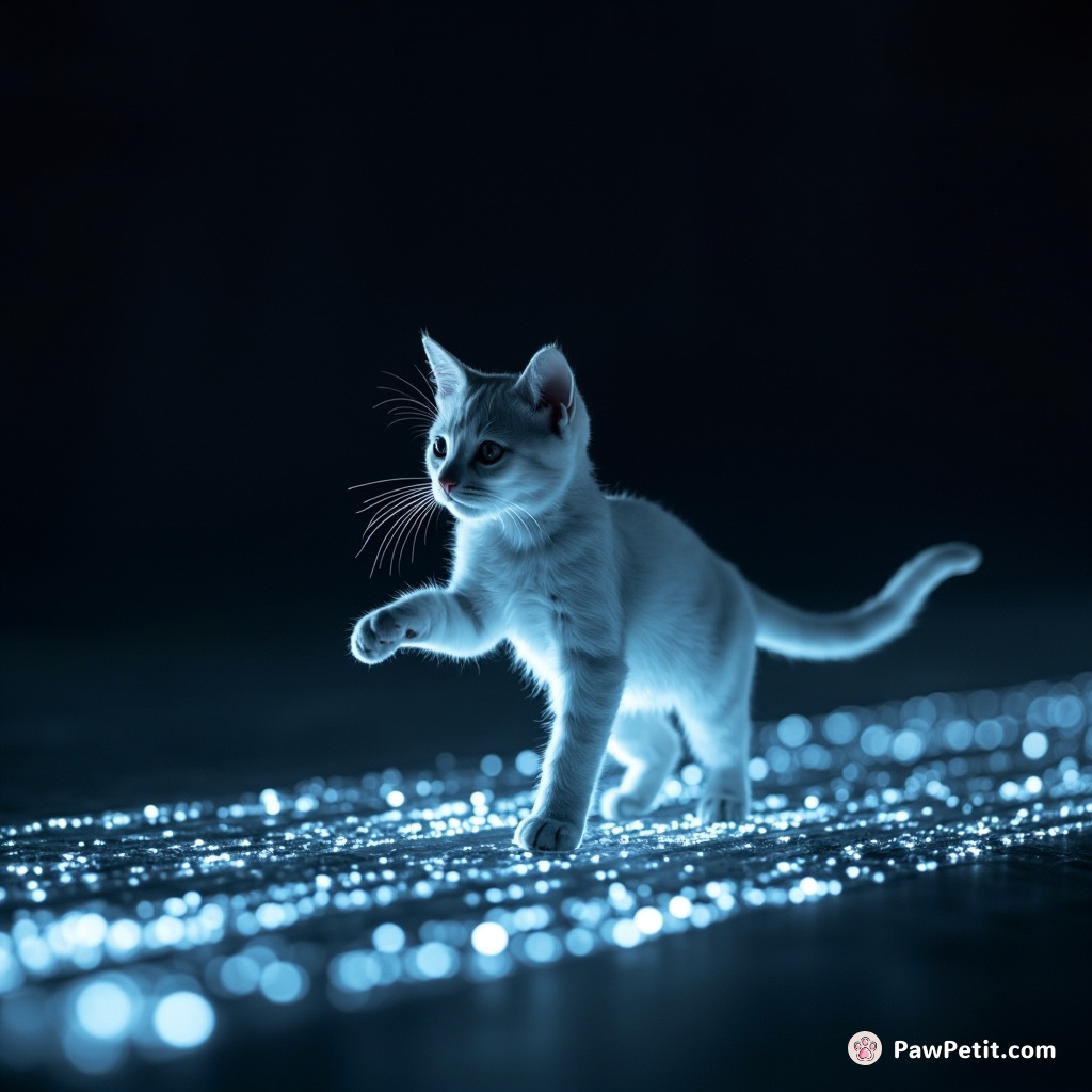 The virtual cat dances across glowing data streams, leaving trails of shimmering pixels in its wake.
