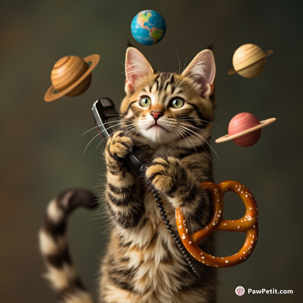 Cat juggling three miniature planets with its tail while talking into a pretzel-shaped cellphone.