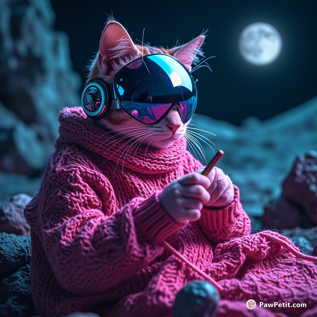 Cyborg-cat knitting a sweater of spider silk on the moon with Martian rock needles.