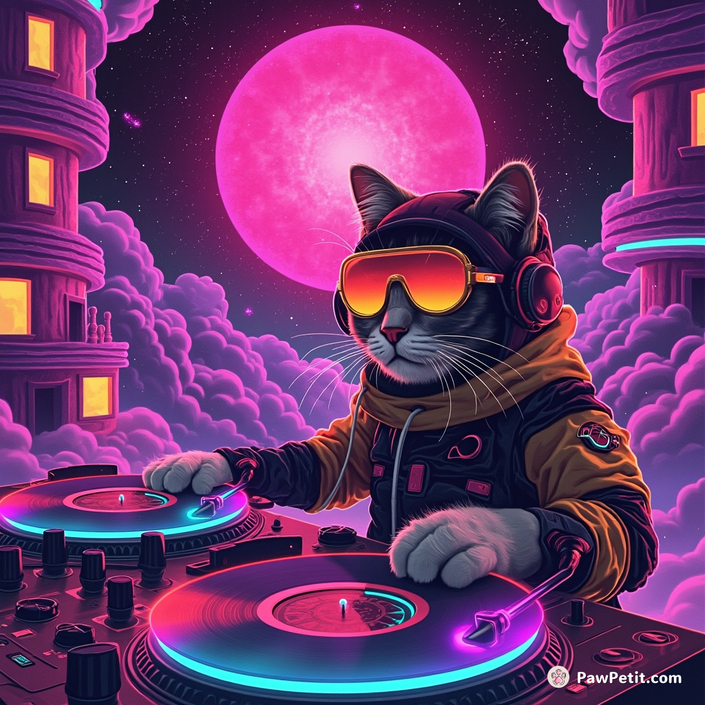 A techno-cat DJ spinning cosmic vinyls in a floating bubblegum castle under a fuchsia nebula.