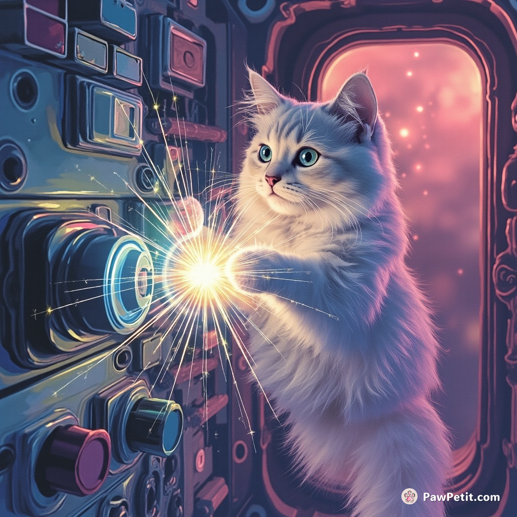 A sleek Persian cat precariously deftly flips the antimatter switch, sending off dazzling neon sparks in the warp-engine room.