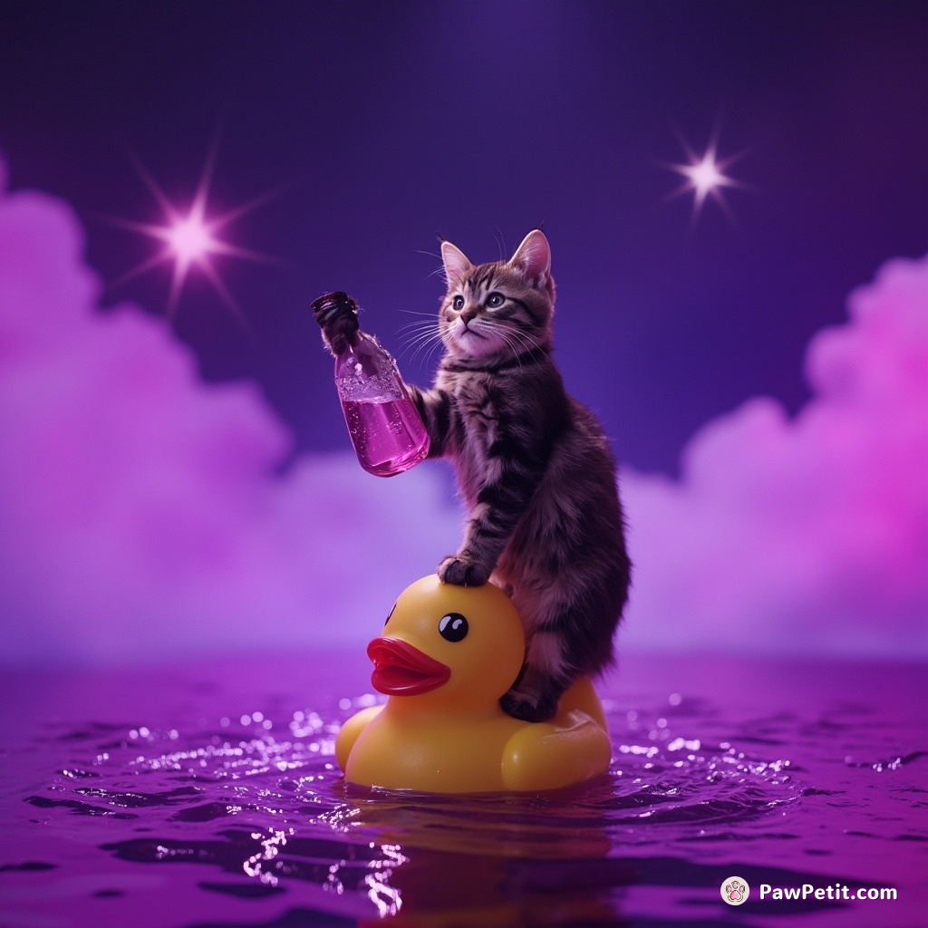 Cat bottling starlight while balancing precariously on a rubber duck floating in purple lemonade