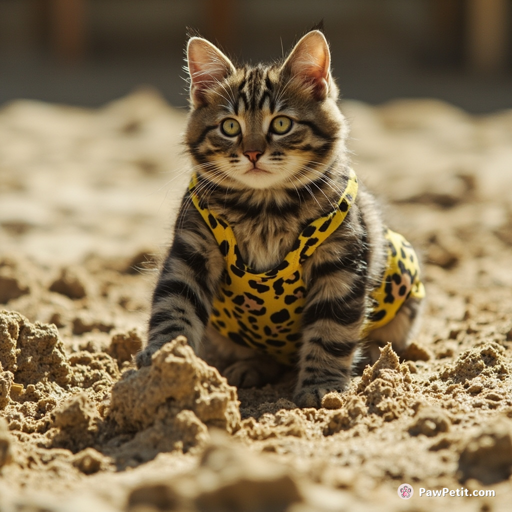 Clad in leopard-patterned speedos, the feline gravedigger dug assertively, repurposing sandbox skills for an impromptu beach volleyball court.