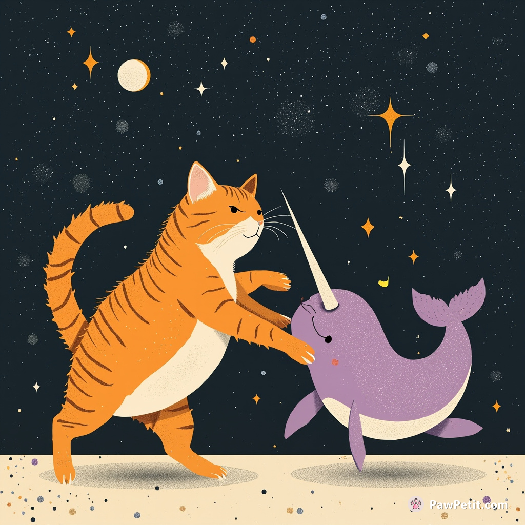 Giant orange tabby cat and glittery purple narwhals competing fiercely in an interstellar breakdancing battle.