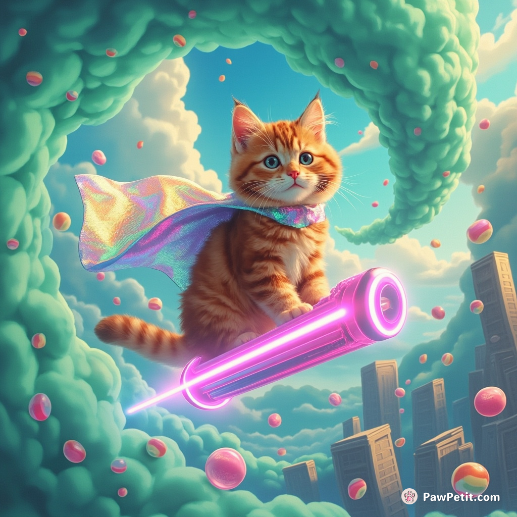 A red tabby cat on a neon hoverboard, wearing a holographic cape, spiraling through an emerald storm cloud in high-floating surreal cityscape with raining jellybeans.
