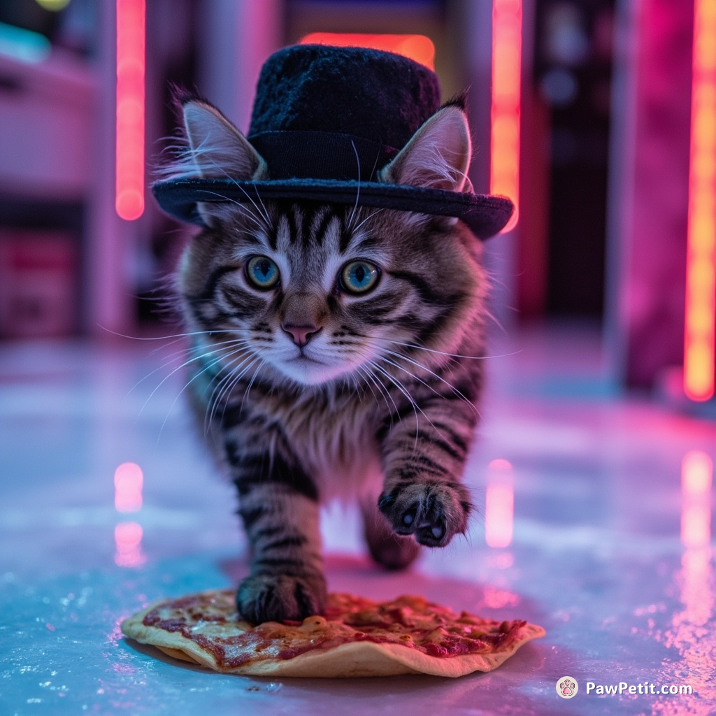 A cat ice-skating on thin pizza slices while wearing a 1930's fedora.