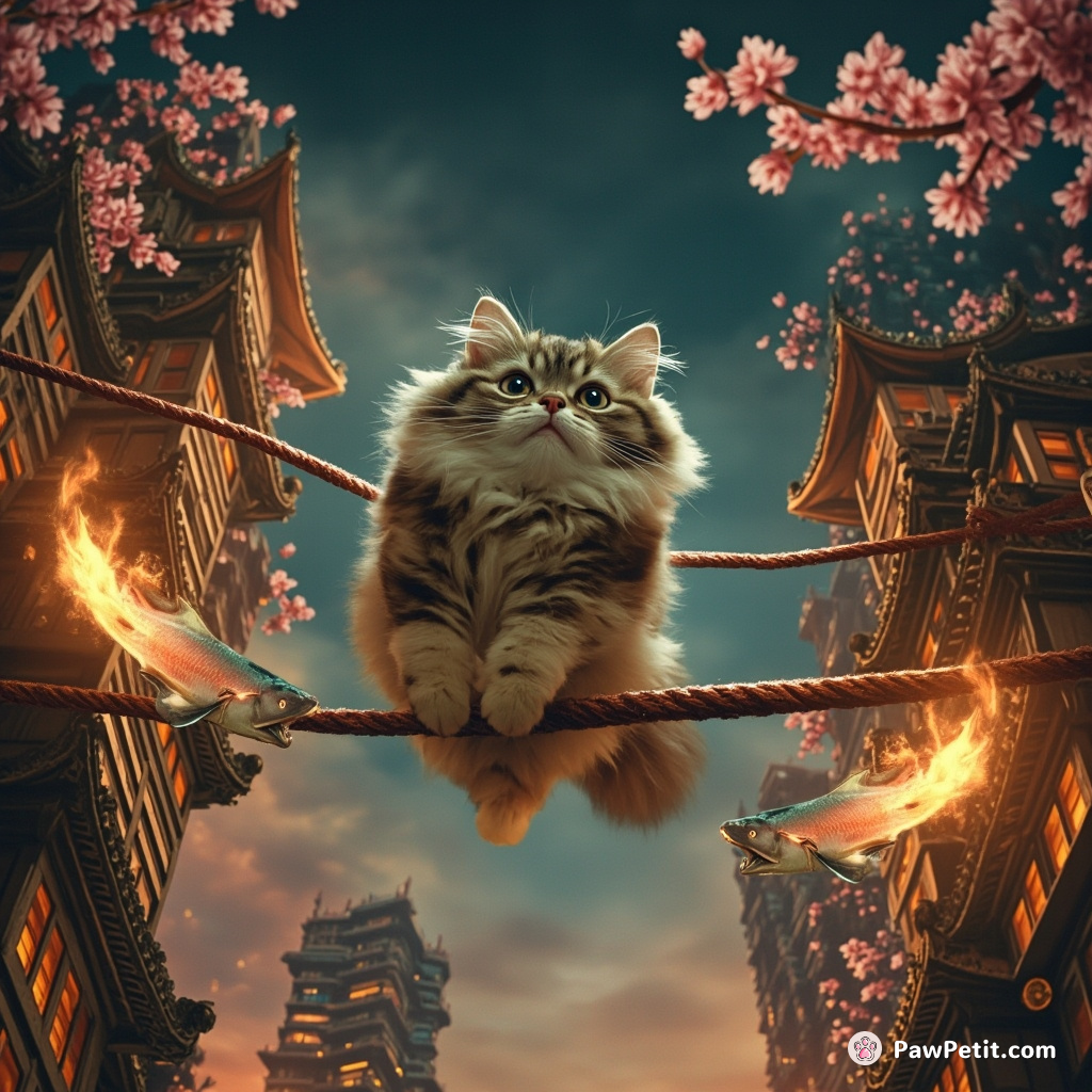 Cat balancing on a tightrope between two flower-laden skyscrapers, juggling firesharks.