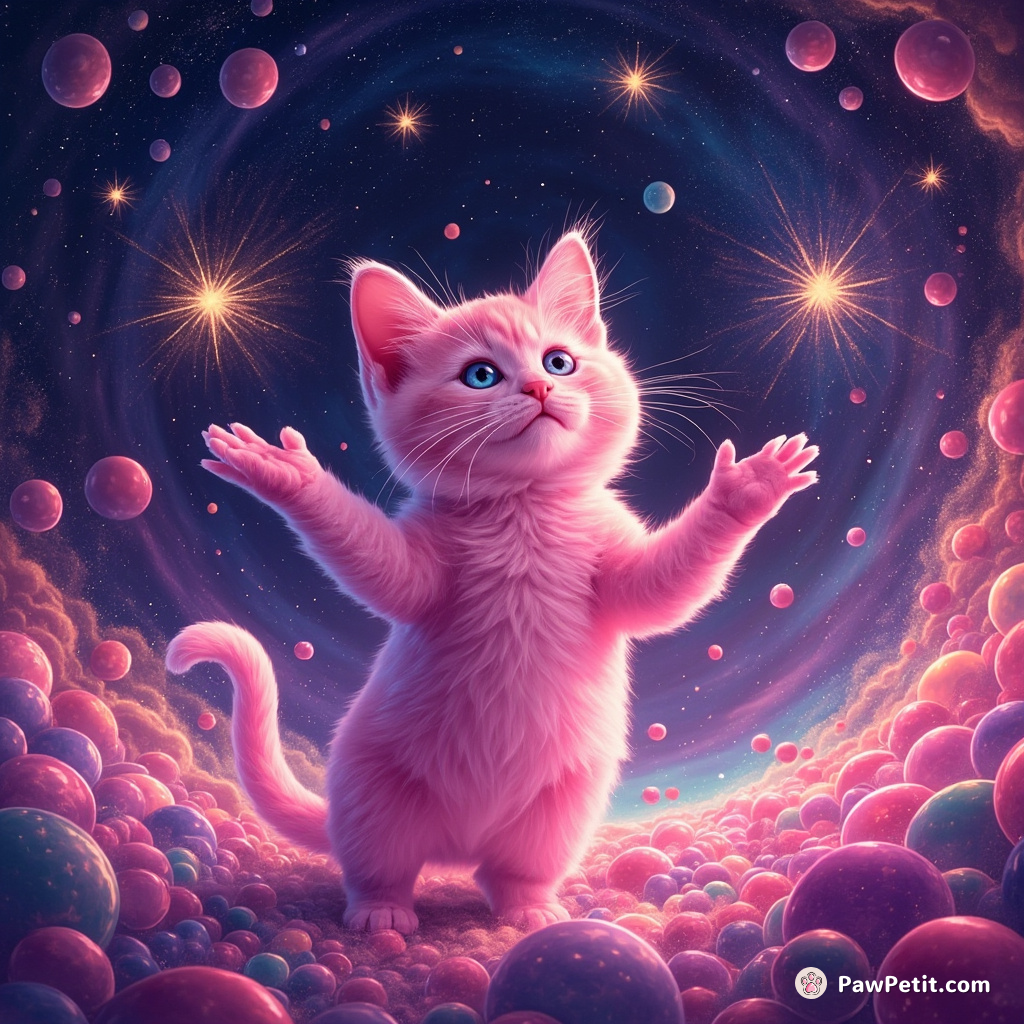 A neon pink cosmos cat tossing glittering star-frisbees in a kaleidoscopic Marble land.