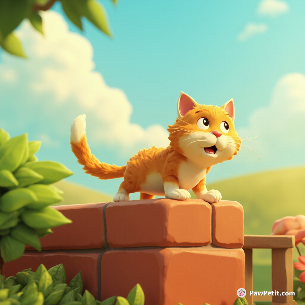 The cat tiptoes on the garden wall, cautiously sniffing the breeze like an explorer in a new land.