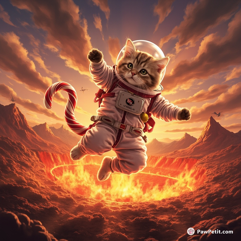 Cat breakdancing on a rumbling volcano, wearing candy cane spacesuit.