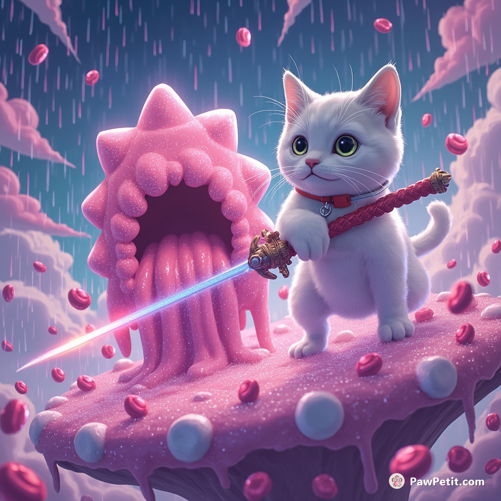 Cat battling a physics-defying, sparkling jello monster on a floating marshmallow island under neon candies rain with licorice whip sword in its paw.