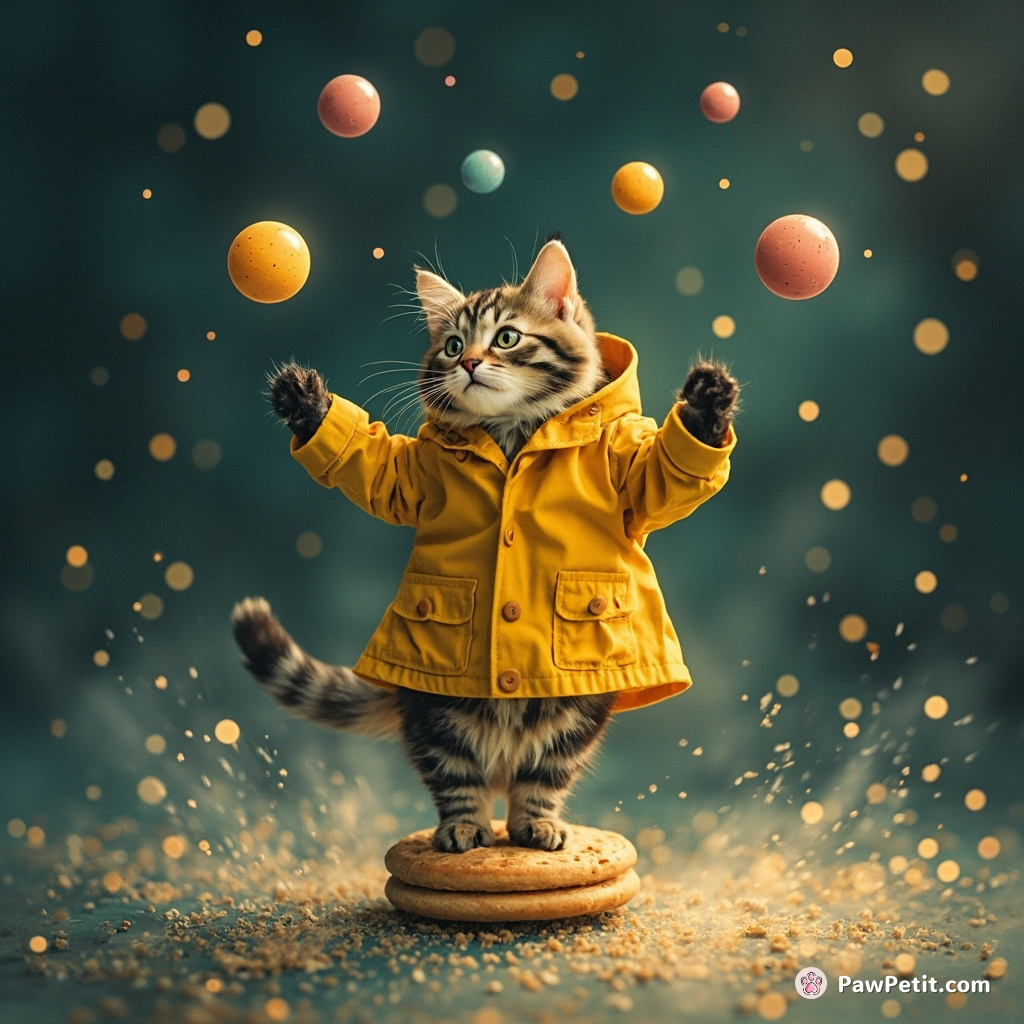 A cat tap-dancing on a gingersnap cookie in a raincoat, while juggling multi-colored orbs in dazzling mist of enchanting fireflies.