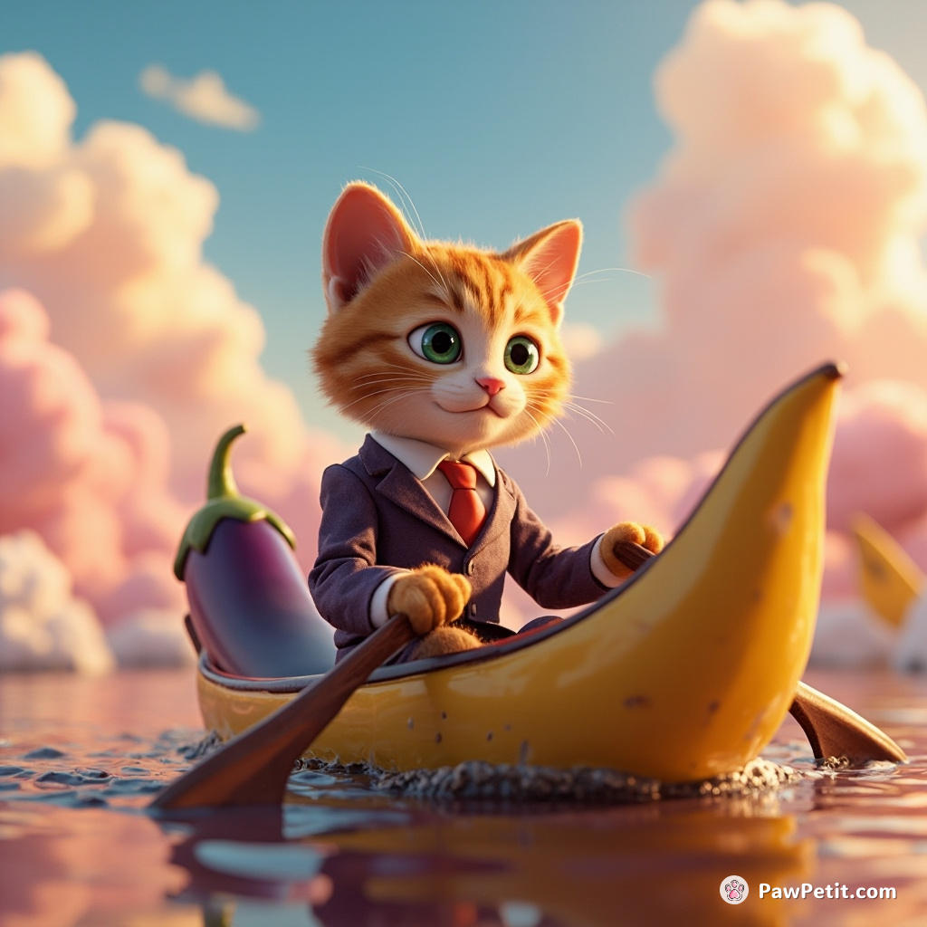 Cat in a three piece suit rowing an eggplant gondola on a cheese river under a cotton candy sky.