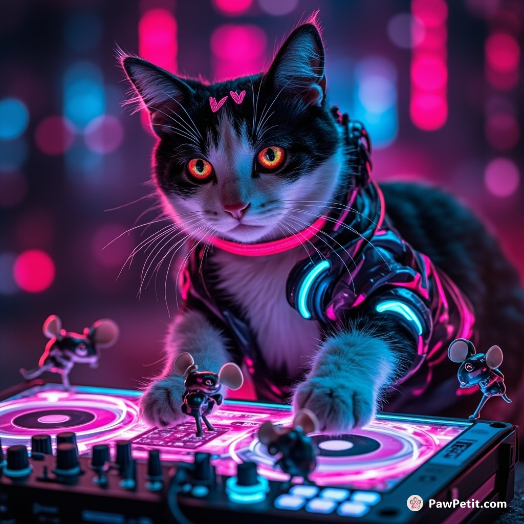 Cyberpunk cat DJ remixing records on a futuristic neon scratchboard, surrounded by dancing robot mice.