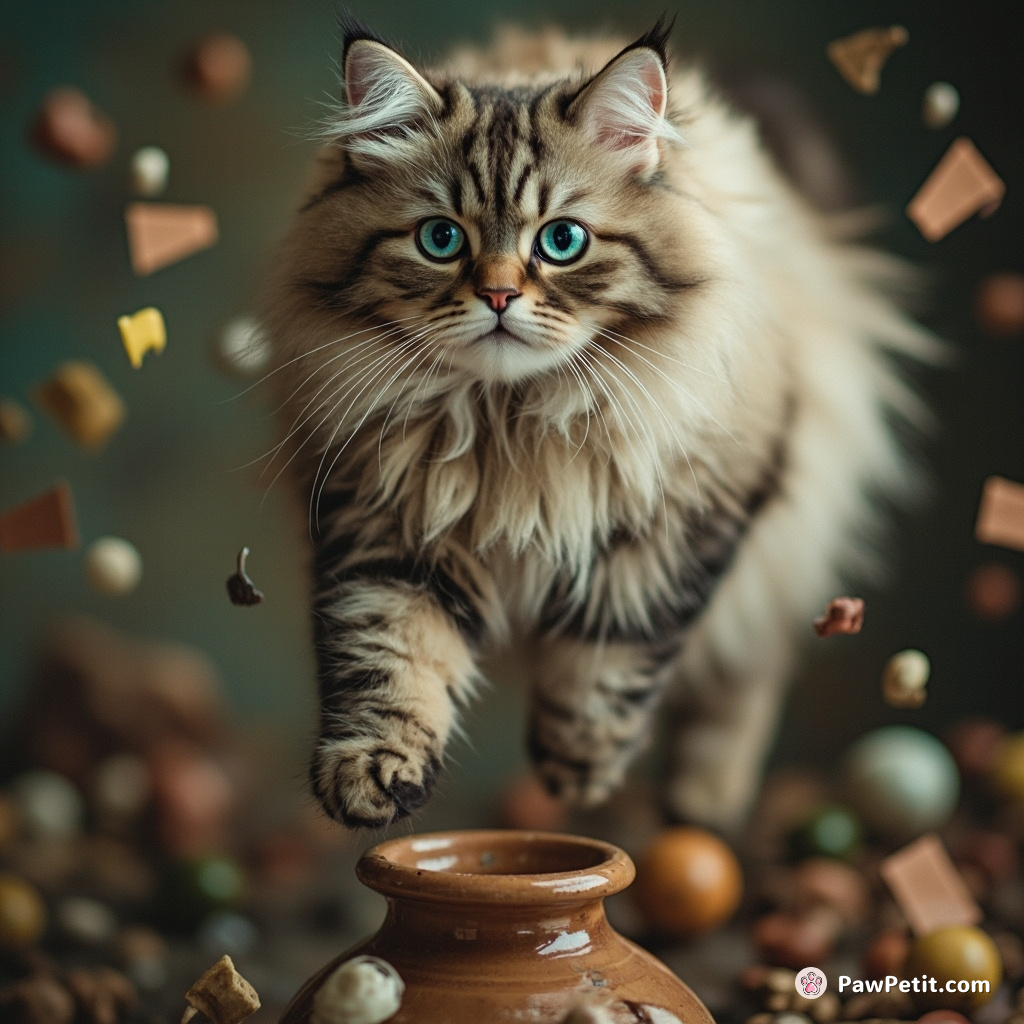 In the chaos, the cat leaps upon a precariously balanced vase, setting off an eccentric chain of mischief.