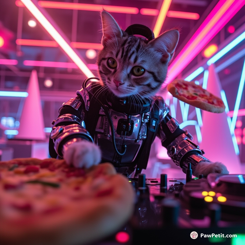 Cybernetic cat DJing on floating pizzas in a neon-lit retro space disco.