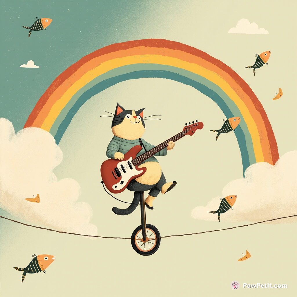 A cat playing an electric guitar while riding a unicycle on a tightrope, surrounded by levitating fish under a vibrant double rainbow.