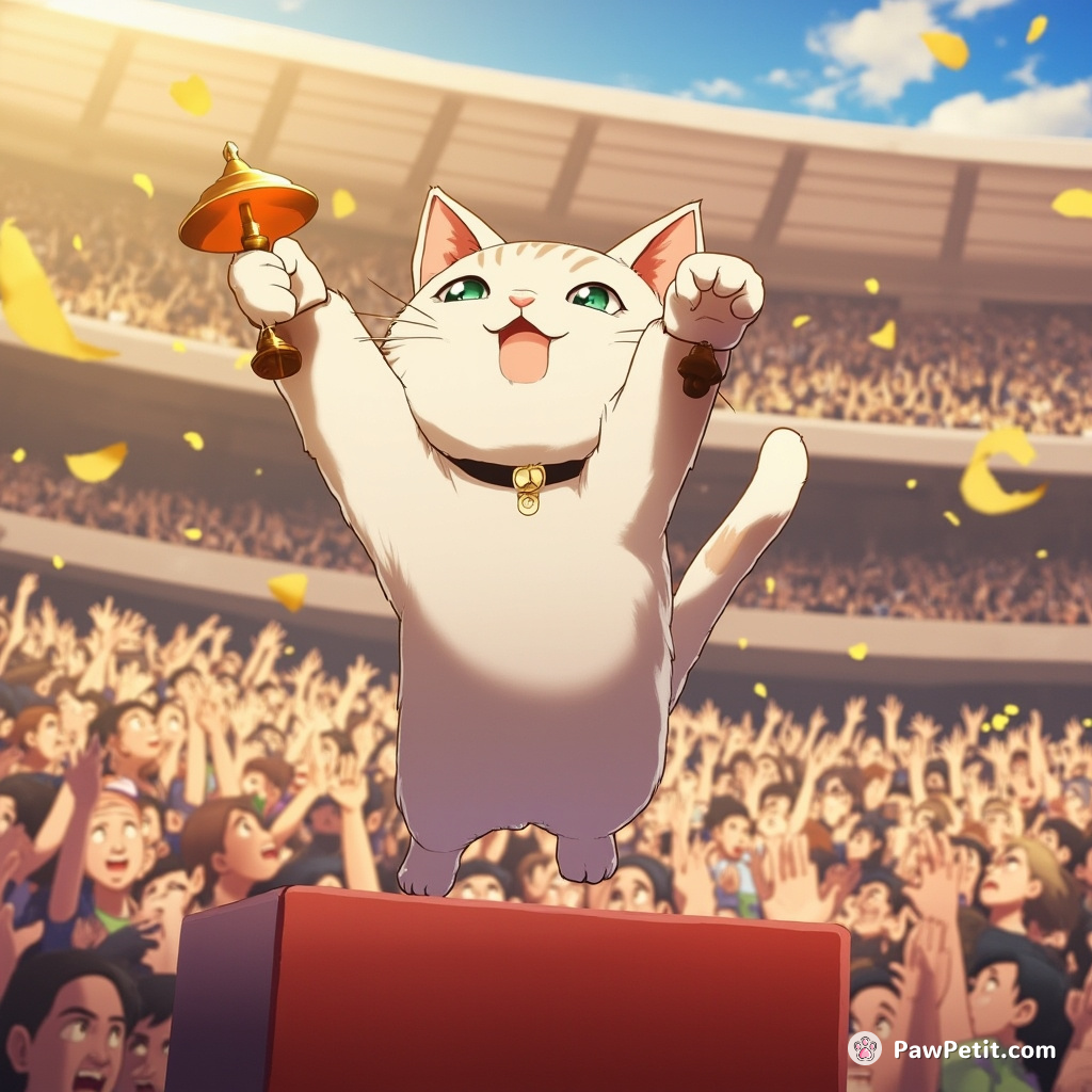 Amidst intense cheers, the cat gracefully leaped onto the podium, touching the celebratory bell with a determined paw swipe.