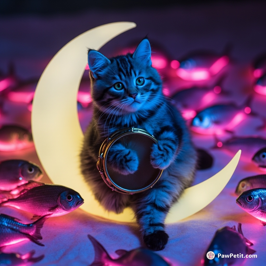 A blue tabby cat shaking a golden tambourine on the glowing crescent moon, surrounded by floating tuna fish that blink with hot pink neon lights.