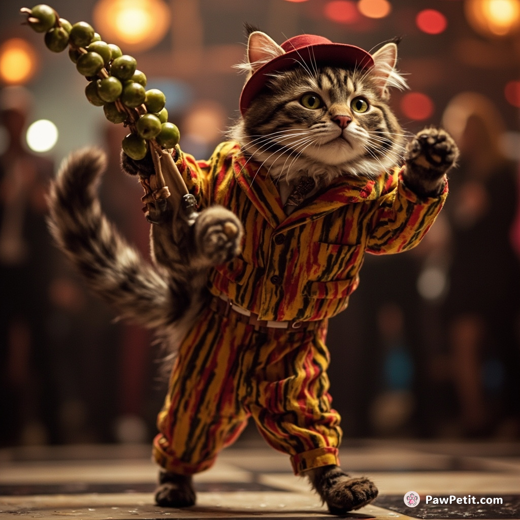 A zoot Suit Cat seductively balancing thirty cocktail olives on its vividly striped tail mid swing-dance in an intergalactic nightclub.