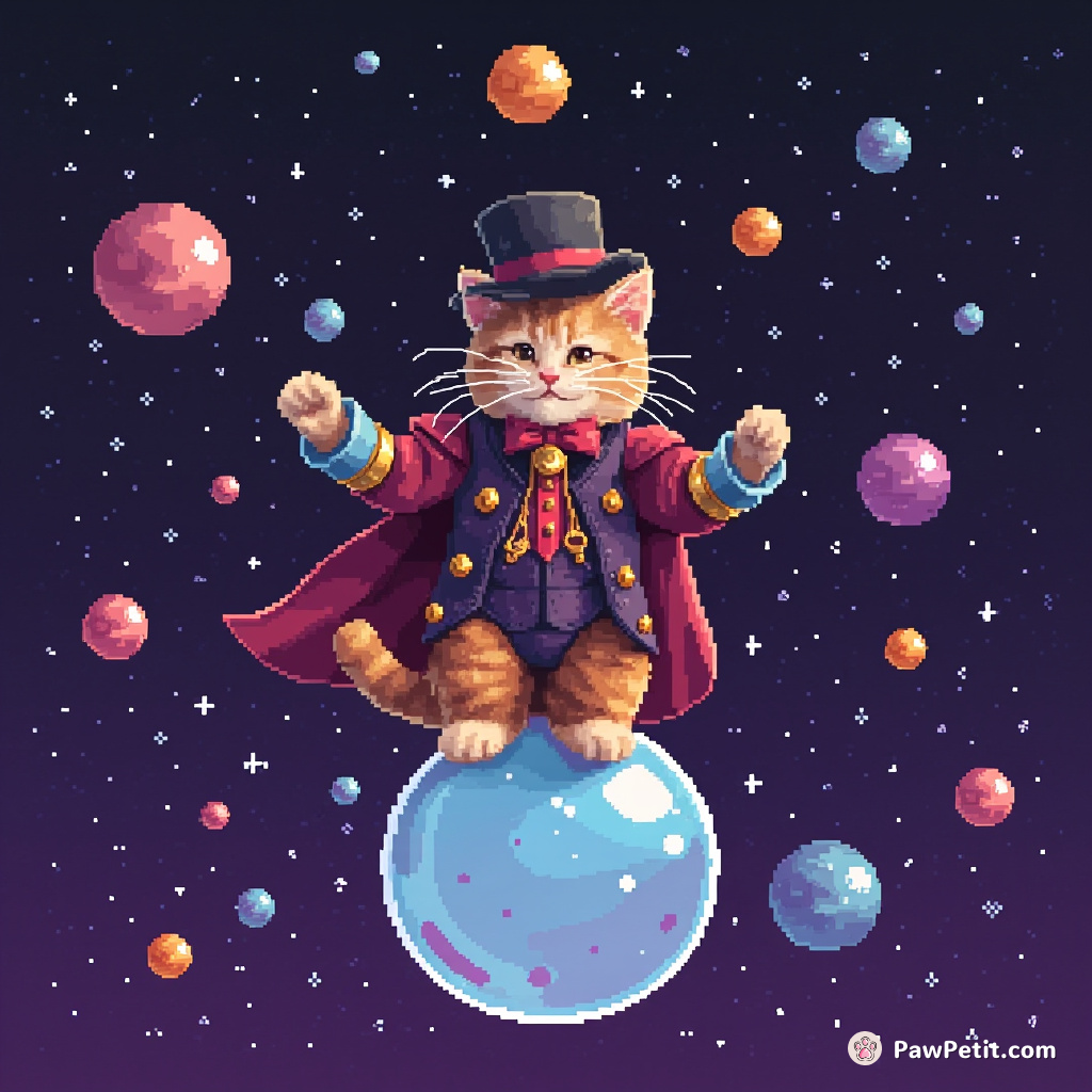 A cat dressed as a magician, floating on a bubble in outer space, juggling distant galaxies with its paws.