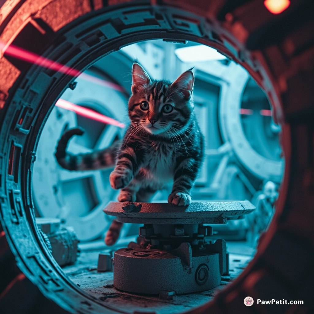 Perched atop spinning gearwork, a tabby cat skillfully leapt, averting lasers in an alien spaceship's rimy engine chamber.