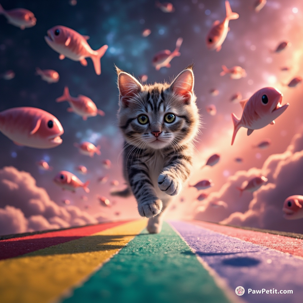Cat sprinting on a rainbow road through a galaxy filled with flying fish.