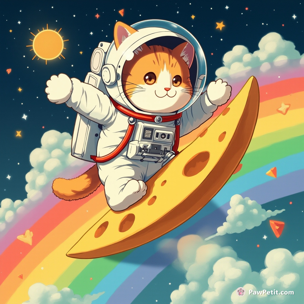A cat in astronaut attire surfing a rainbow across a cheese moon.