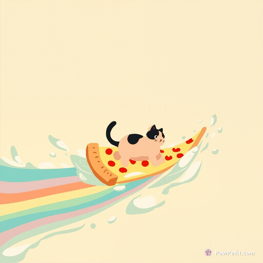 Cat surfing on a pizza slice in a sea of rainbow milk.