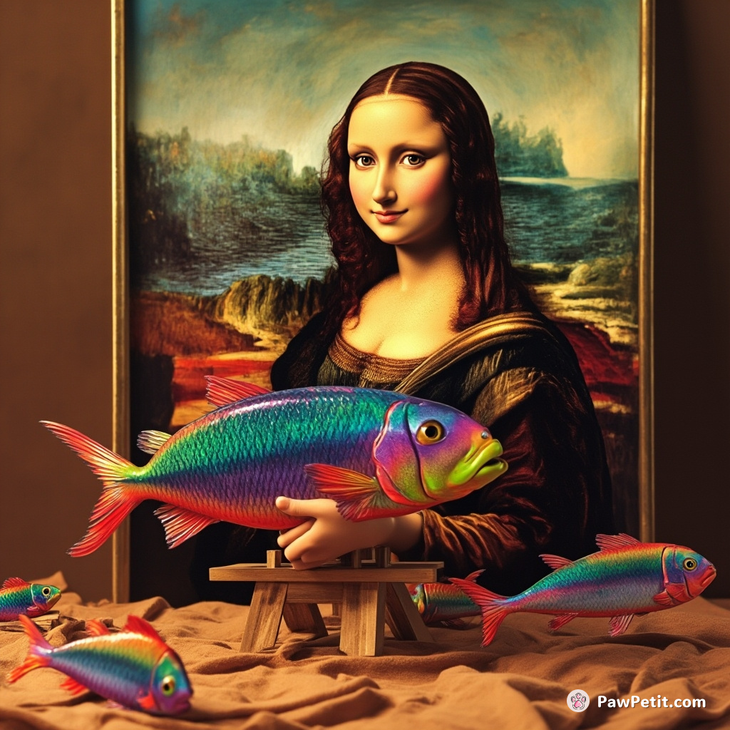 Cat painting the Mona Lisa on Mars using rainbow-colored tuna fish.