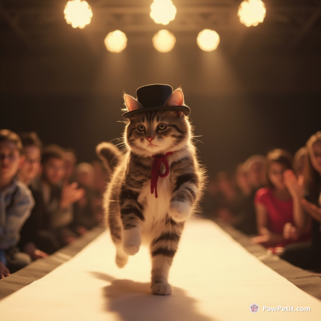 In a feline talent show, the cat struts down a tiny runway in a top hat, convinced it’s the next supermodel.