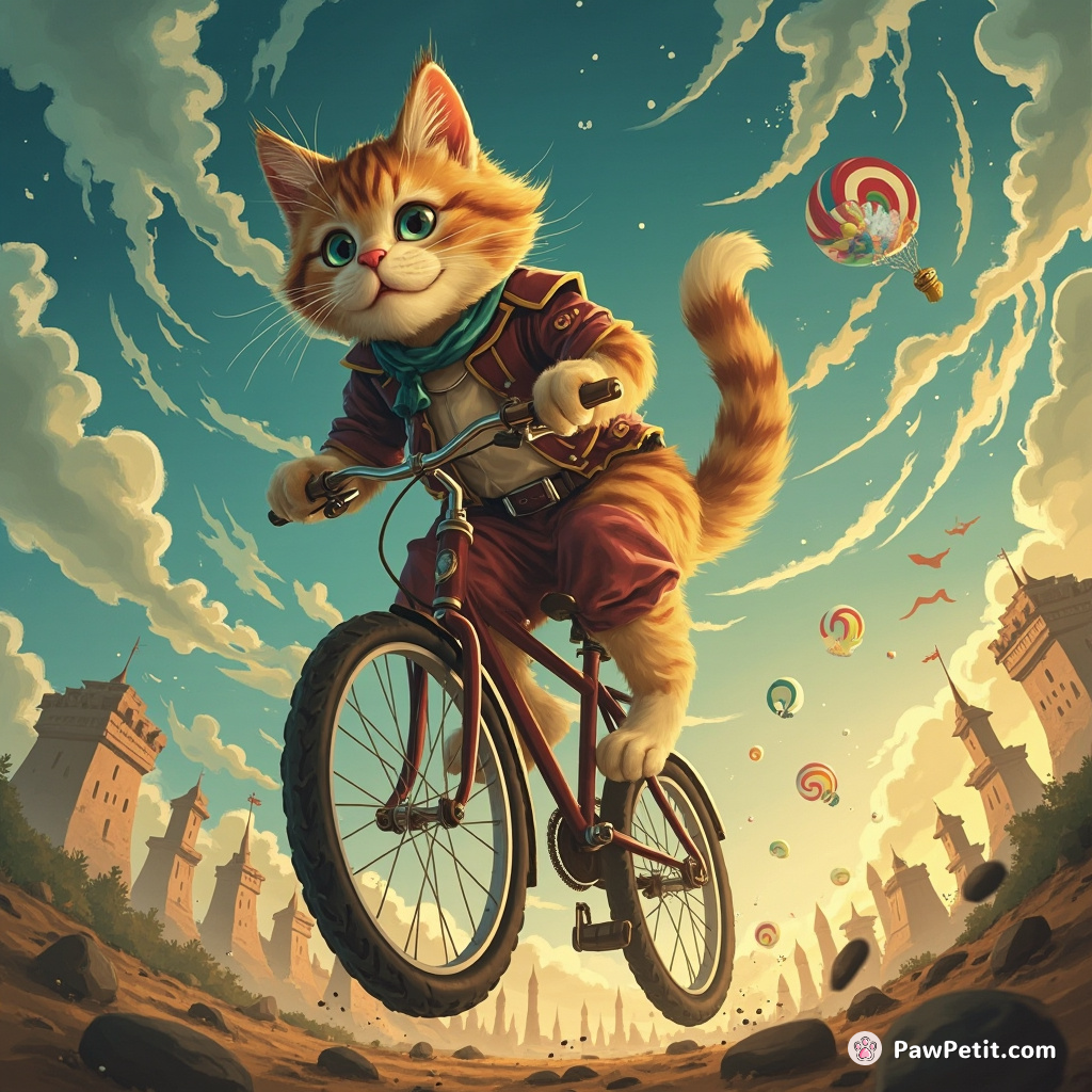A cat attempts to ride a bike, pedals wildly, and ends up chasing its own tail in circles.
