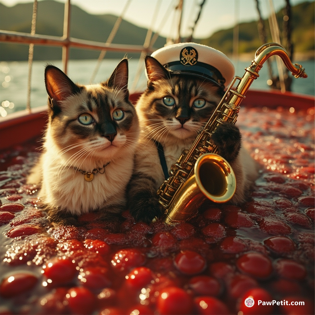 A musical steamboat piloted by jazz-loving Siamese cats cruising in bubbling cherry soda.
