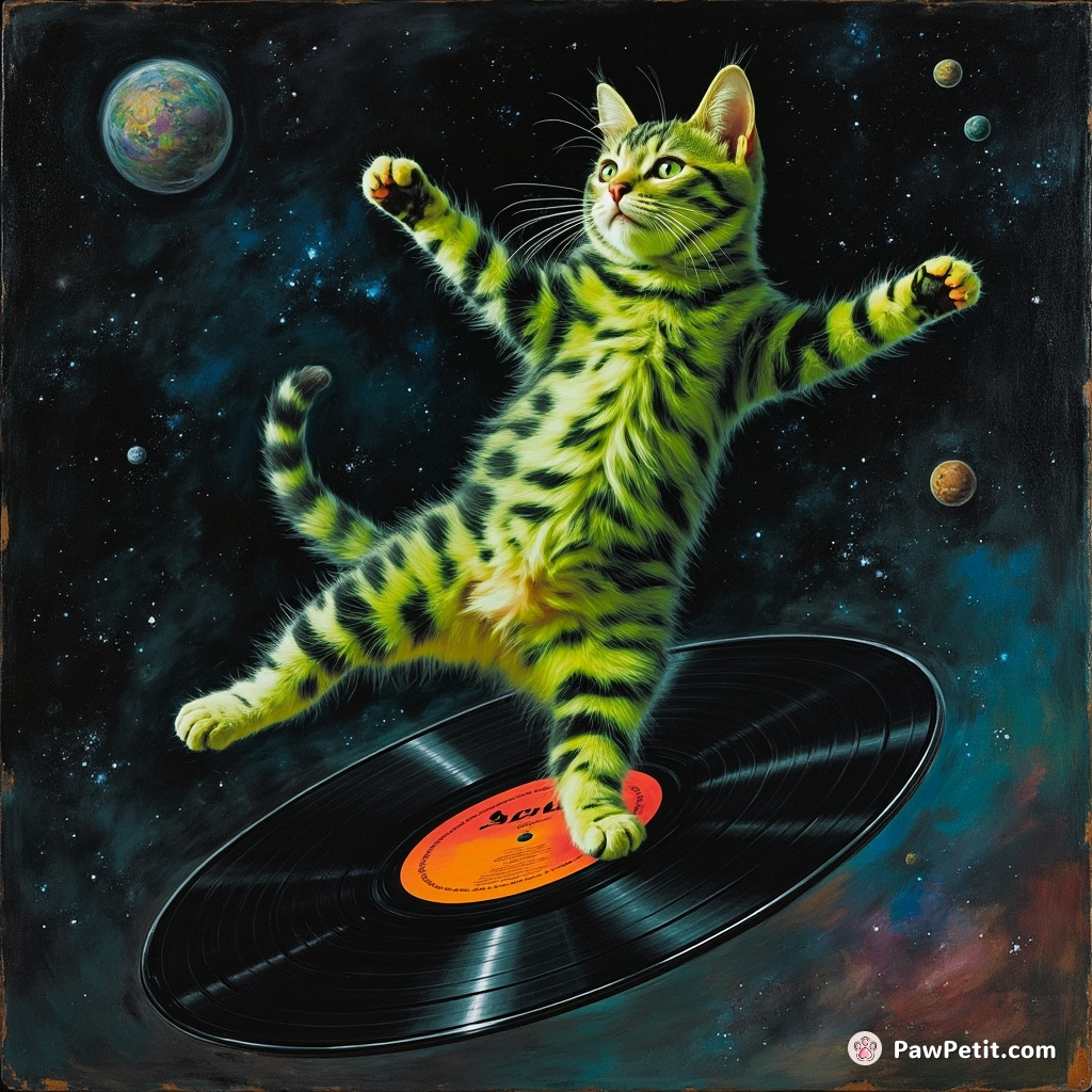 A neon green tabby cat doing a breakdance spin on a vinyl record floating in space.