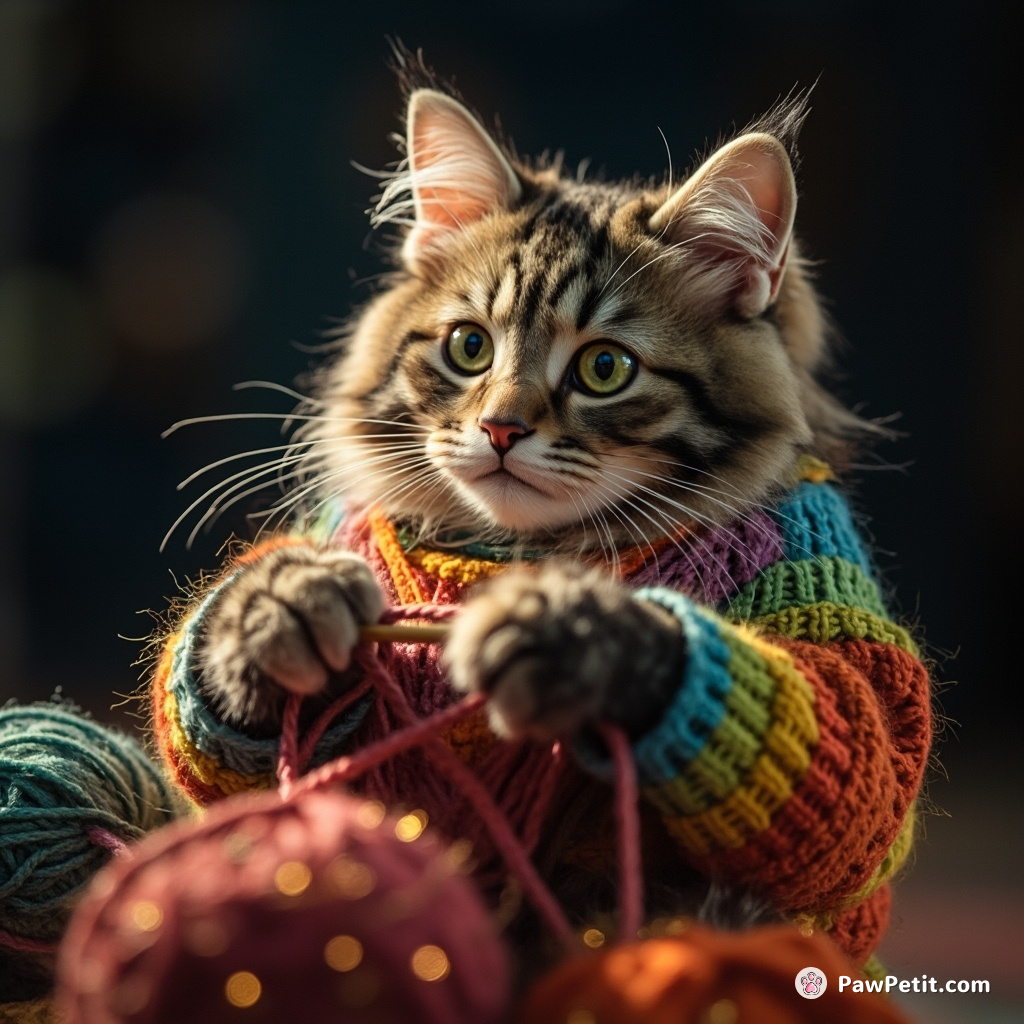 A cat knitting its own rainbow sweater with yarn made from stardust.