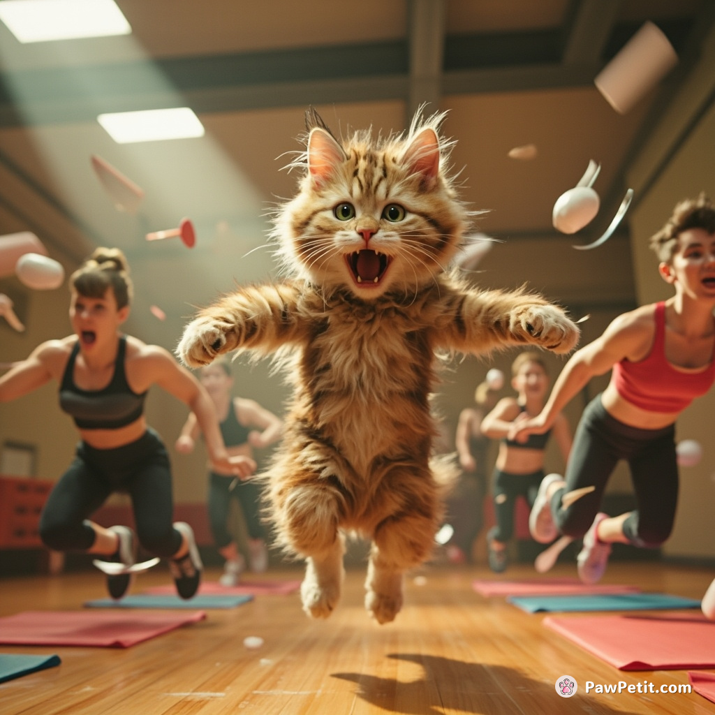 Confusion ensues as a furry feline leaps into an intense workout class, unleaching spinning chaos amongst the jumping jacks.