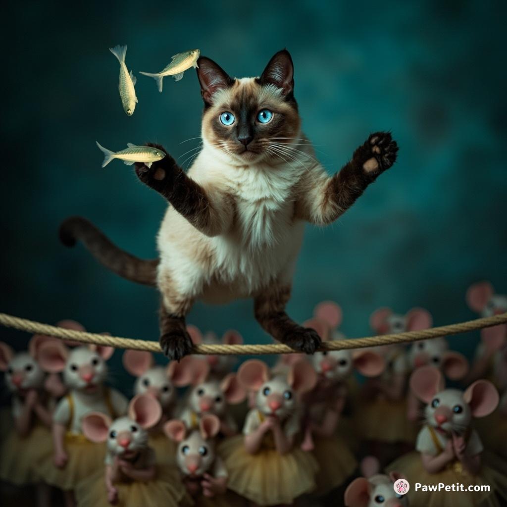 A three-eyed Siamese cat juggling glow-in-the-dark fish on a tippy tightrope high above a crowd of cheering mice in tutus.