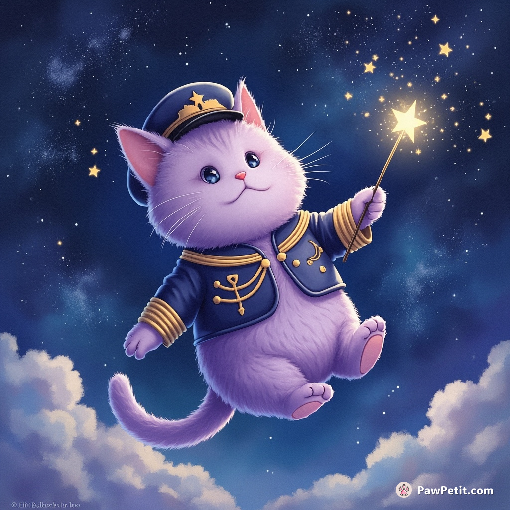A chubby purple cat conducting a celestial symphony with a magic wand glowing like a star, floating over the Milky Way wearing an interstellar admiral uniform.