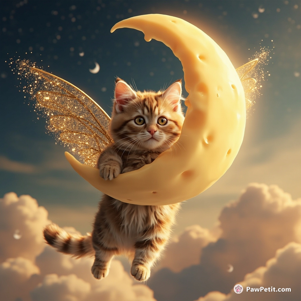 Cat skydiving into a floating cheese moon, glitter wings spread wide.