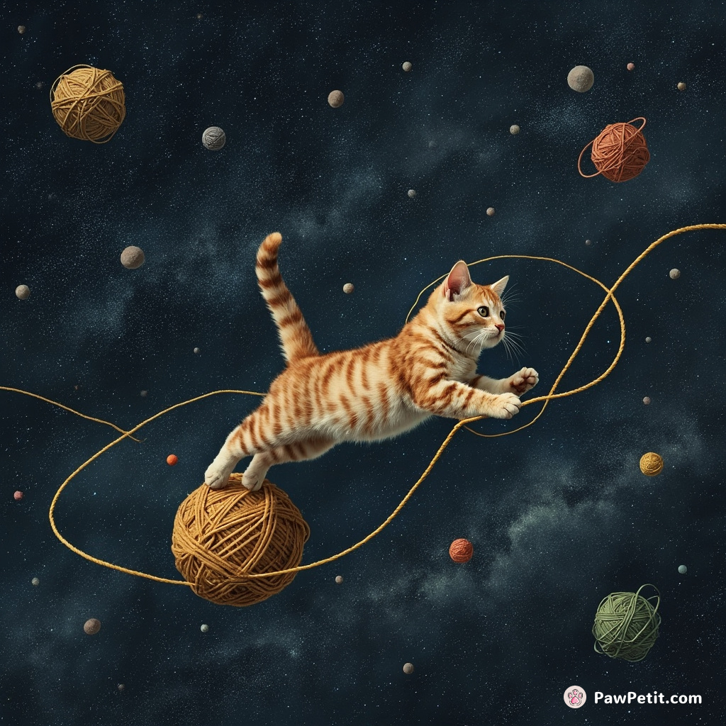 A cosmic cat, springing across asteroid-like yarn balls in the starlit canvas of space-sky, knitting the Milky Way.