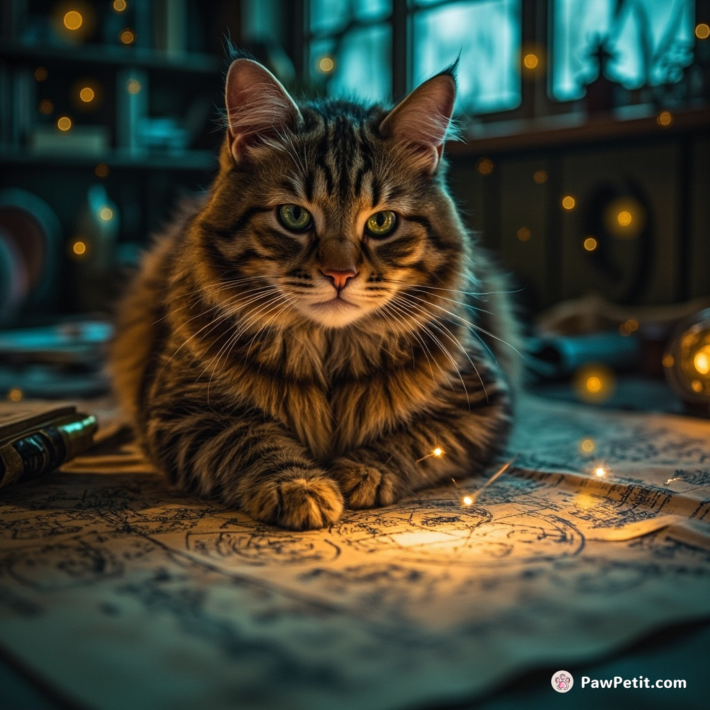 A chunky ginger cat deciphering an ancient, cosmic map in a dusty study room lit by luminous fireflies.