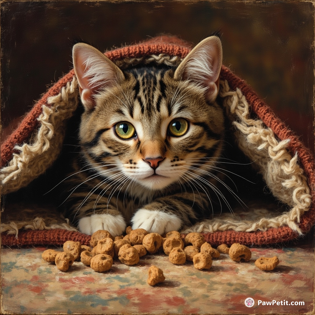 Cat stashes kibble pieces under rug, deeply believing its contribution to "human hibernation period" due to winter decorative changes.